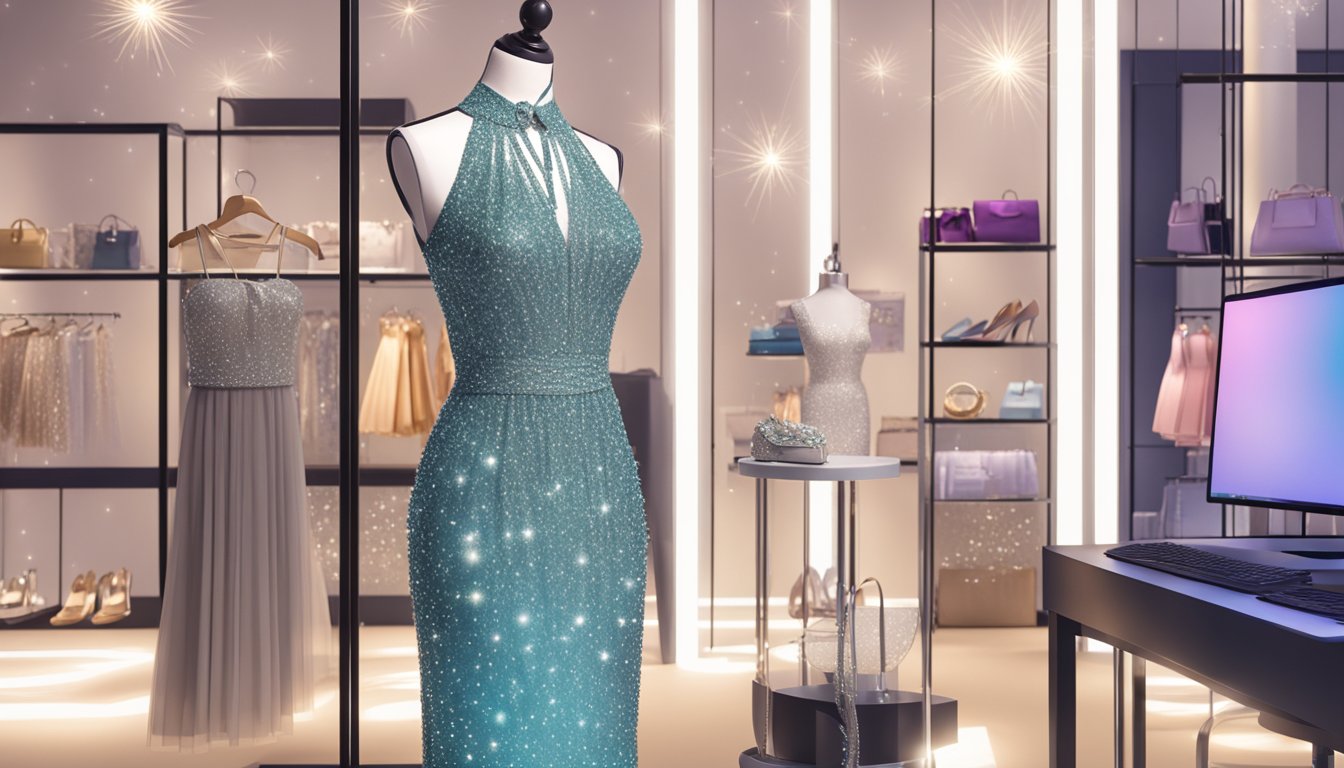 A sparkling cocktail dress hangs on a sleek mannequin, surrounded by elegant accessories and soft lighting. A computer screen in the background displays an online shopping website