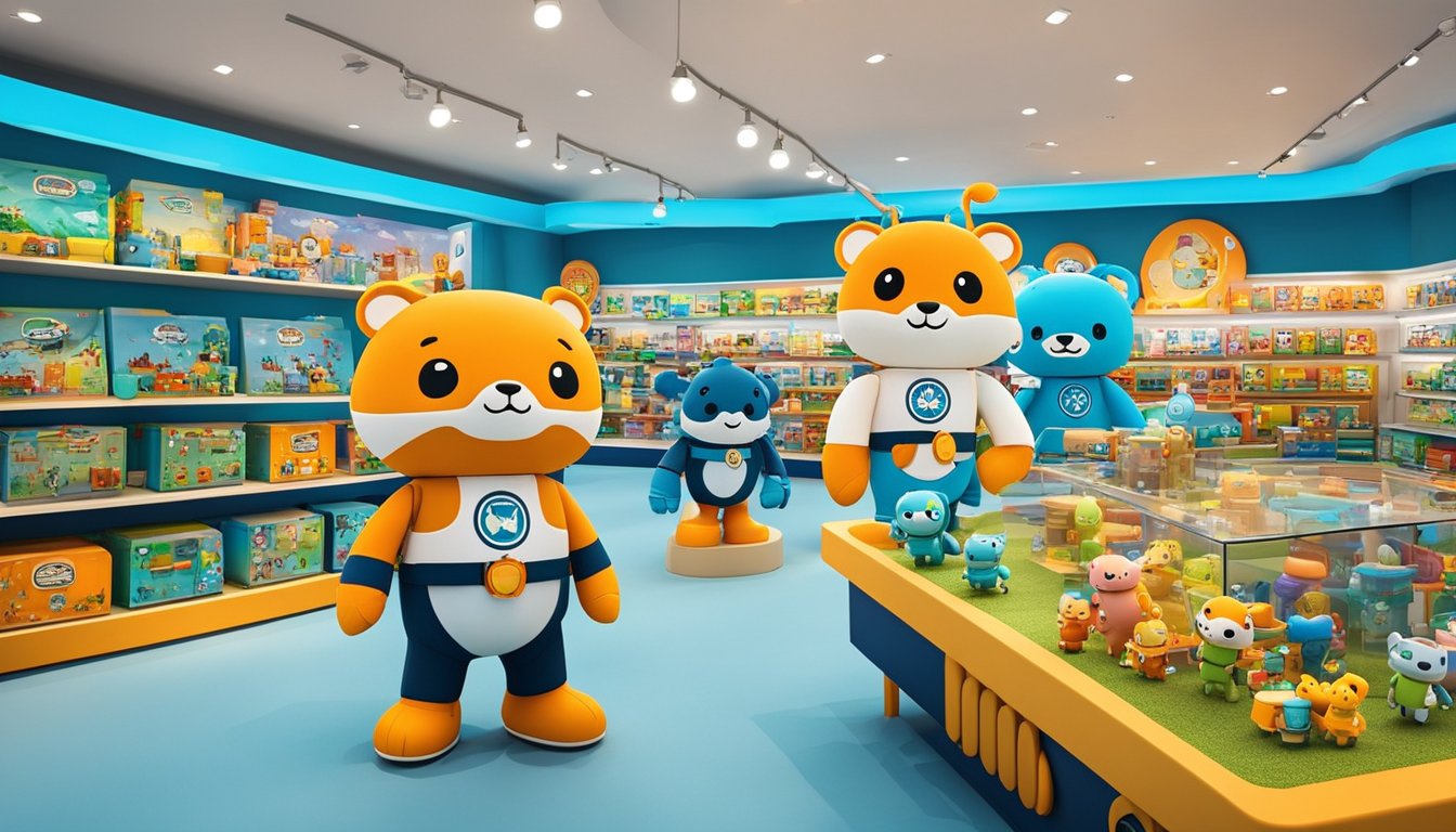 Octonauts toys displayed in a colorful store in Singapore, with shelves lined with various characters and playsets. Bright lights illuminate the area, drawing in young fans and their parents