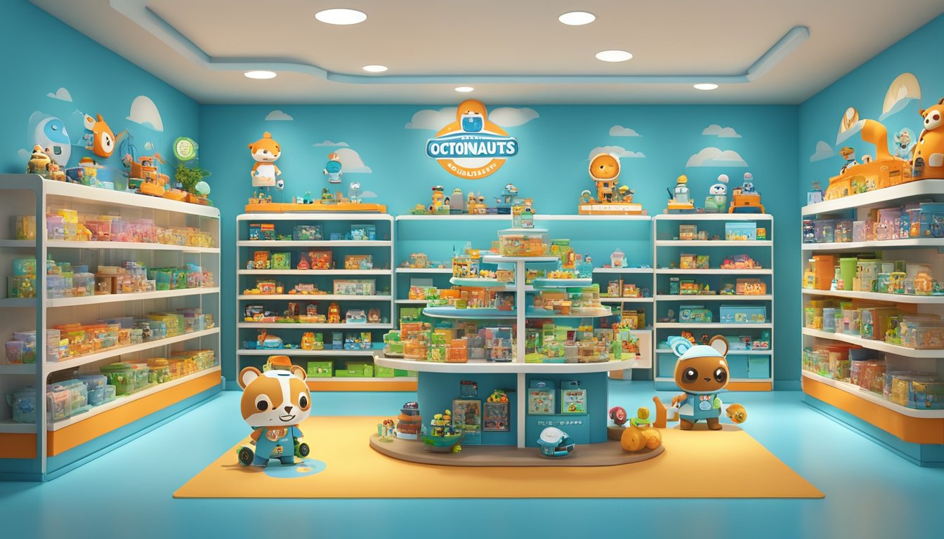 A colorful toy store display showcases Octonauts toys in Singapore, with shelves filled with various characters and playsets
