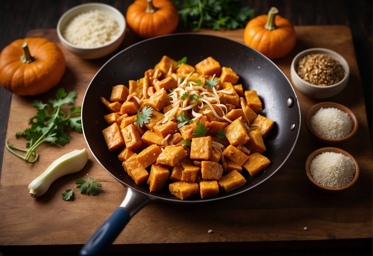 Pumpkin chunks and chicken strips being stir-fried in a wok with Chinese spices and sauces. Ingredients laid out on a wooden chopping board