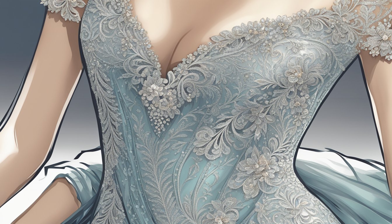 A close-up of a cocktail dress, showcasing intricate lace detailing and a shimmering fabric, with a focus on the elegant neckline and delicate embellishments