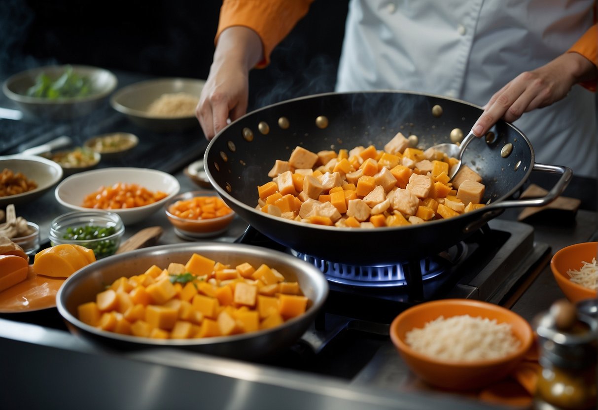 A chef mixes diced pumpkin and marinated chicken in a wok over a hot stove, adding traditional Chinese spices and sauces