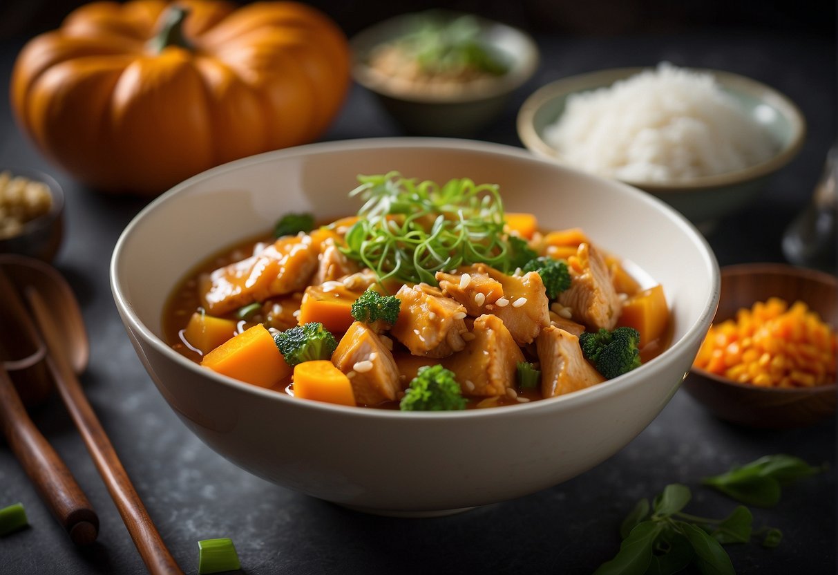 A steaming bowl of pumpkin chicken Chinese recipe with a side of rice and a colorful array of vegetables