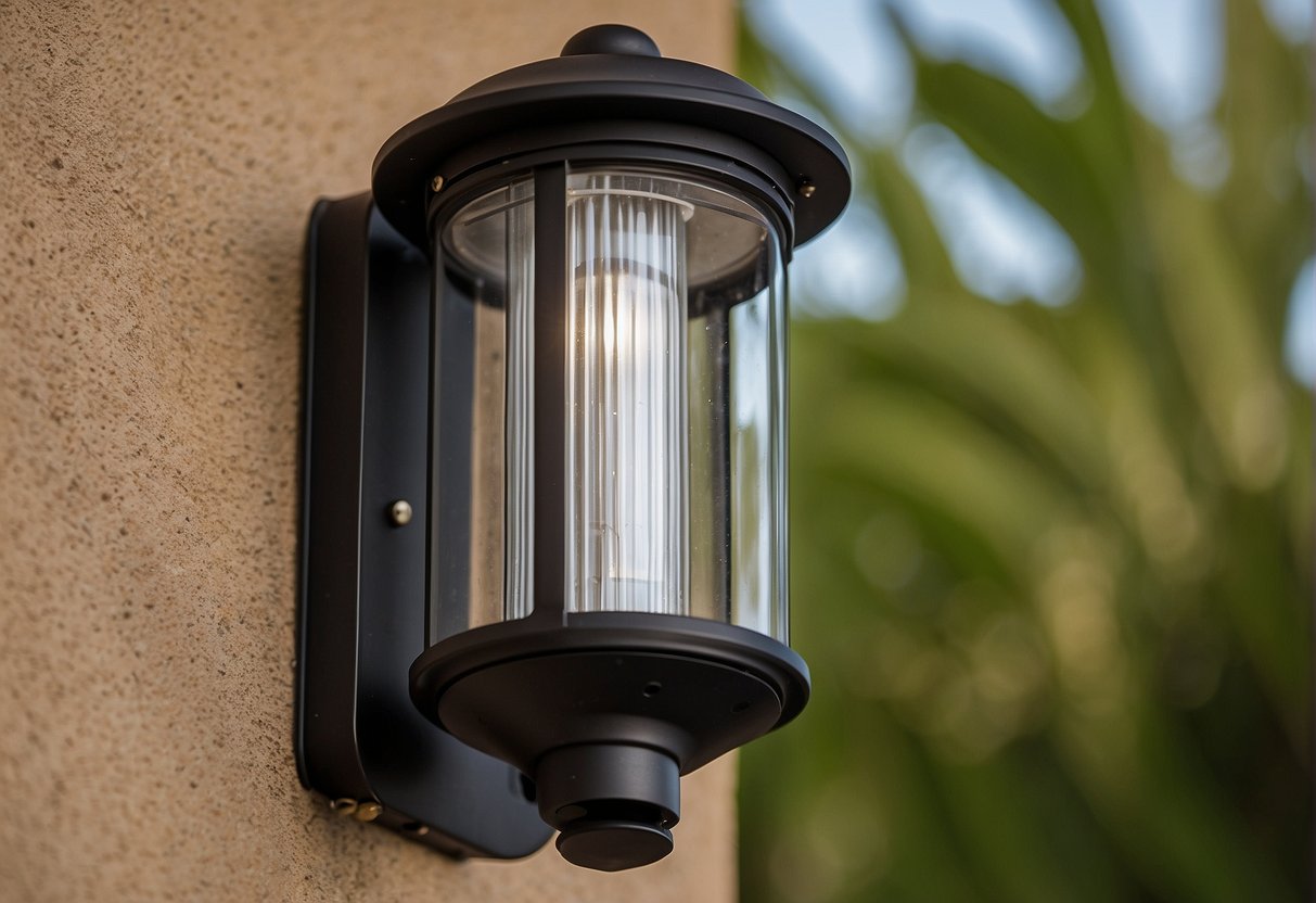 A modern outdoor light fixture emits bright, efficient light, displaying the lumens per watt rating prominently