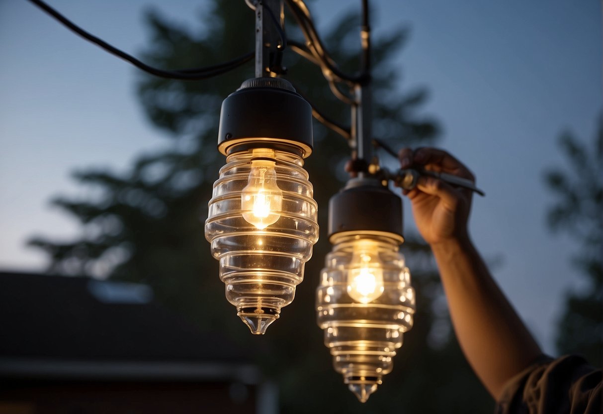 The outdoor light fixture is being adjusted to change the lumens based on the placement of the bulbs. The scene shows a person adjusting the light fixture with a tool