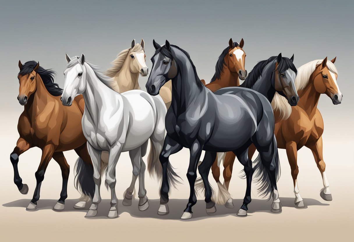 A group of horses of different breeds stand side by side, showcasing their unique physical characteristics and markings