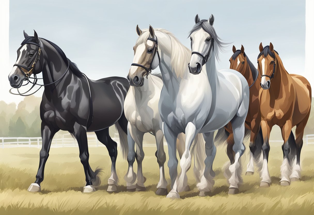 A field with various horse breeds: tall, muscular draft horses, sleek and elegant thoroughbreds, and sturdy and compact ponies