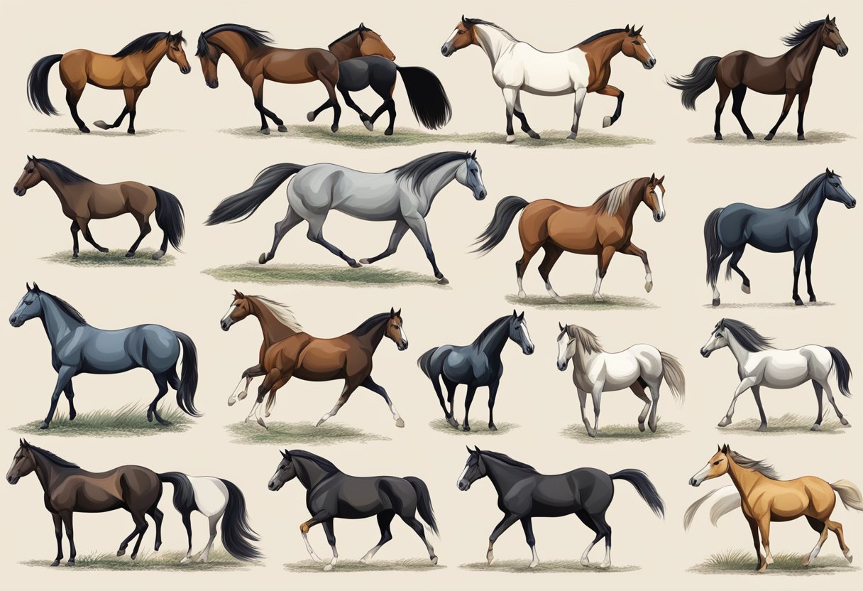 Various horse breeds exhibit unique behavioral traits. A scene could show a calm, gentle breed contrasted with a spirited, energetic one