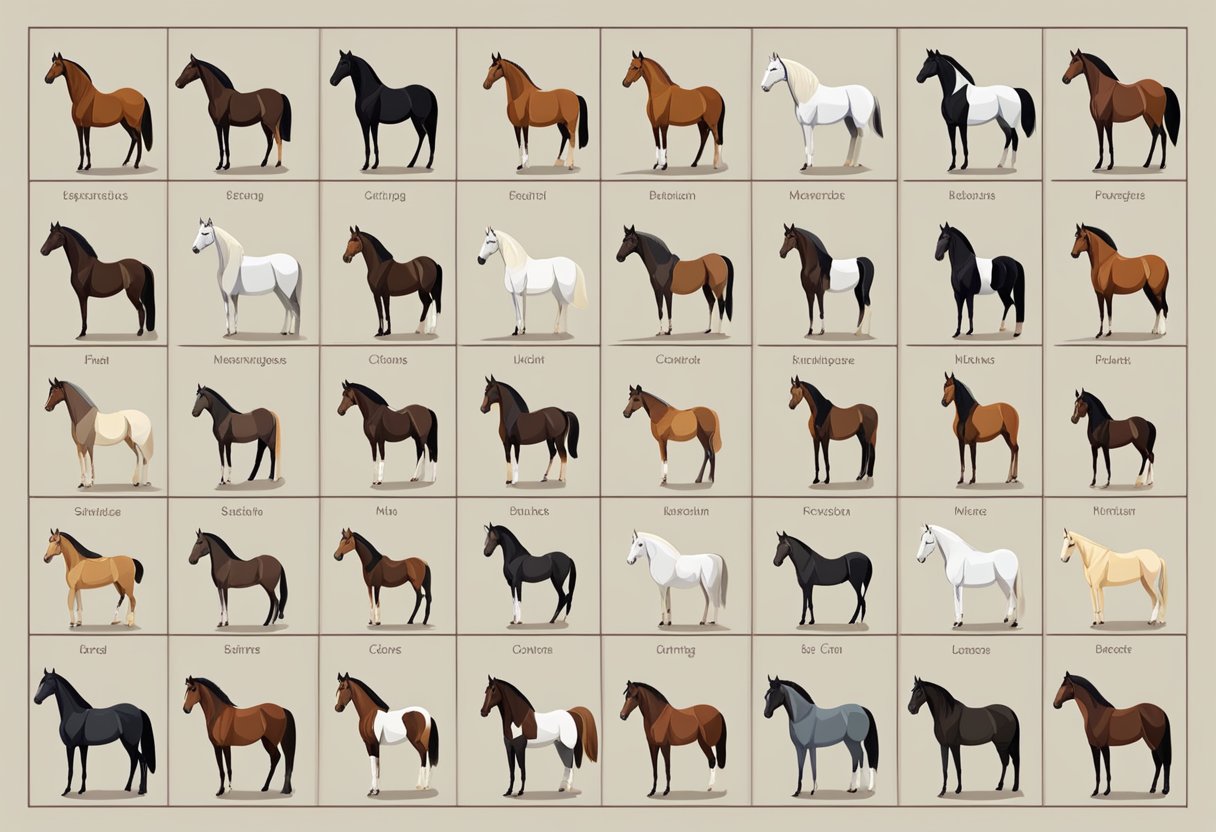 Different horse breeds stand in a row. Their distinct features and sizes are compared and labeled for identification