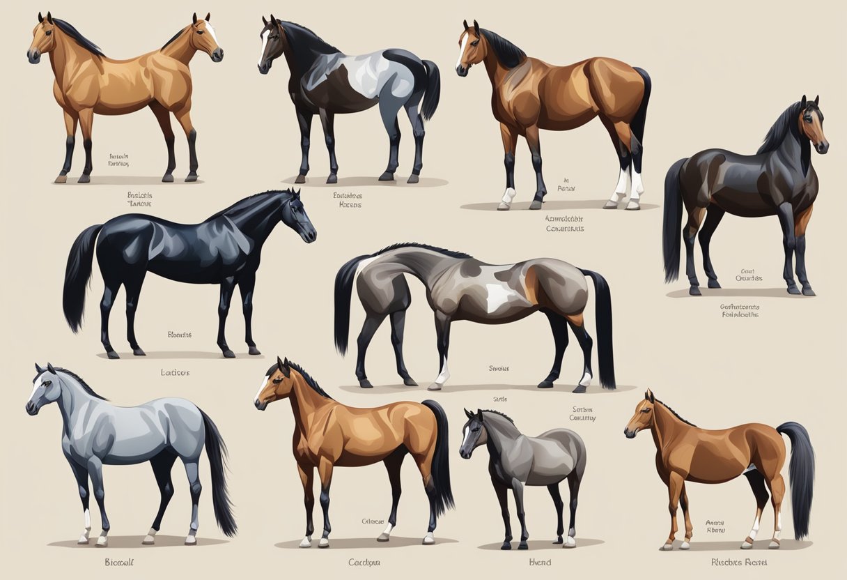 Horses of different breeds stand side by side, showcasing unique physical characteristics such as height, build, and coat color. A chart displays key distinctions for each breed