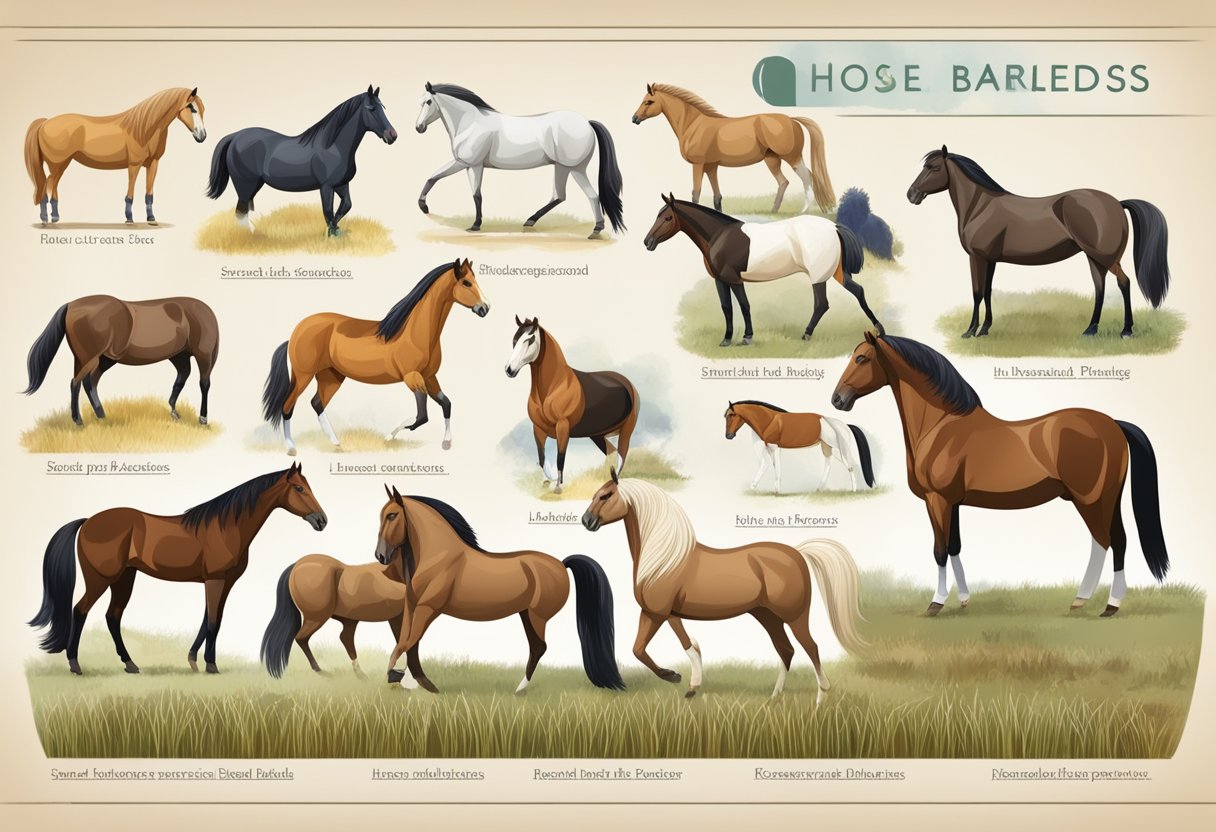 Different horse breeds stand in a field, each with unique characteristics. A chart nearby displays distinguishing features for conservation and preservation efforts