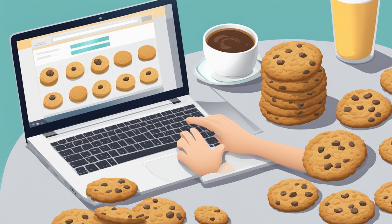 A hand reaches out to click "add to cart" on a laptop, surrounded by a variety of freshly baked cookies displayed on the screen
