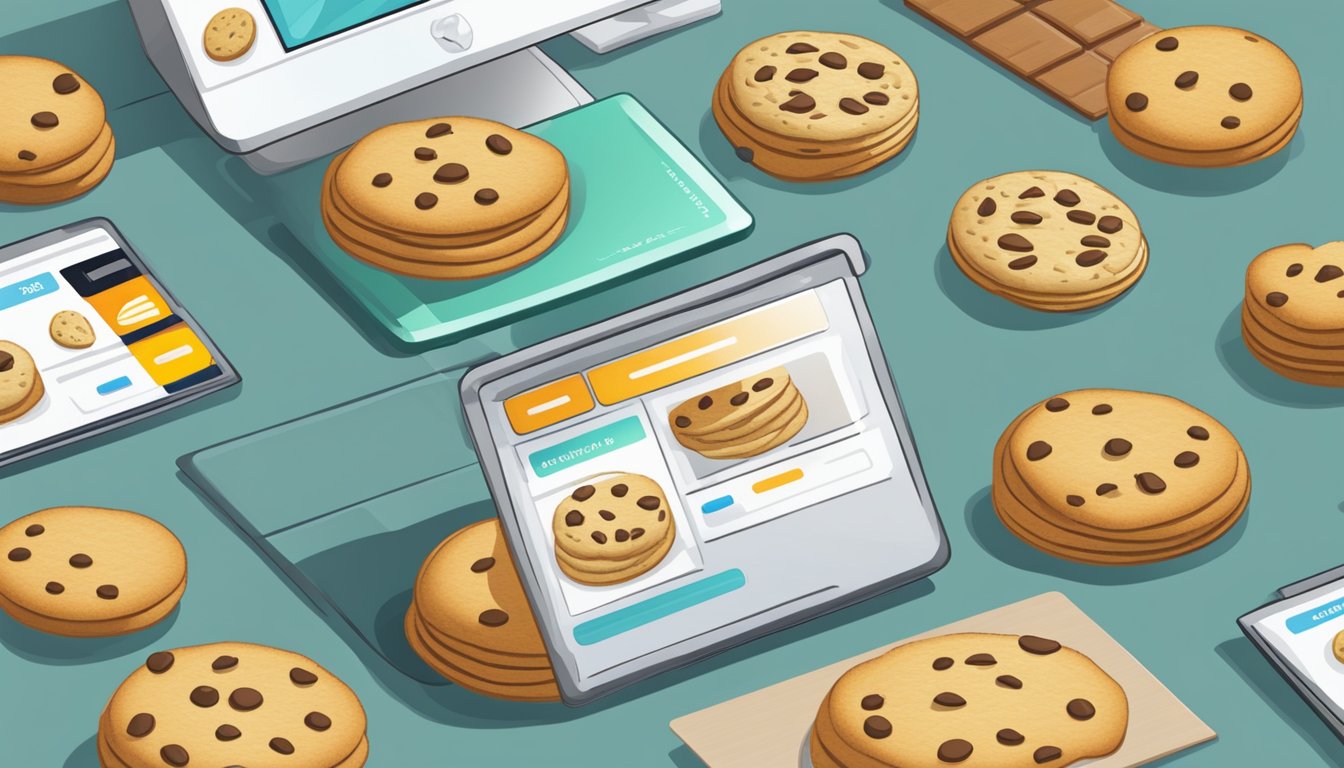 A computer screen displaying a variety of cookies for sale. A cursor hovers over the "Add to Cart" button. A credit card sits nearby
