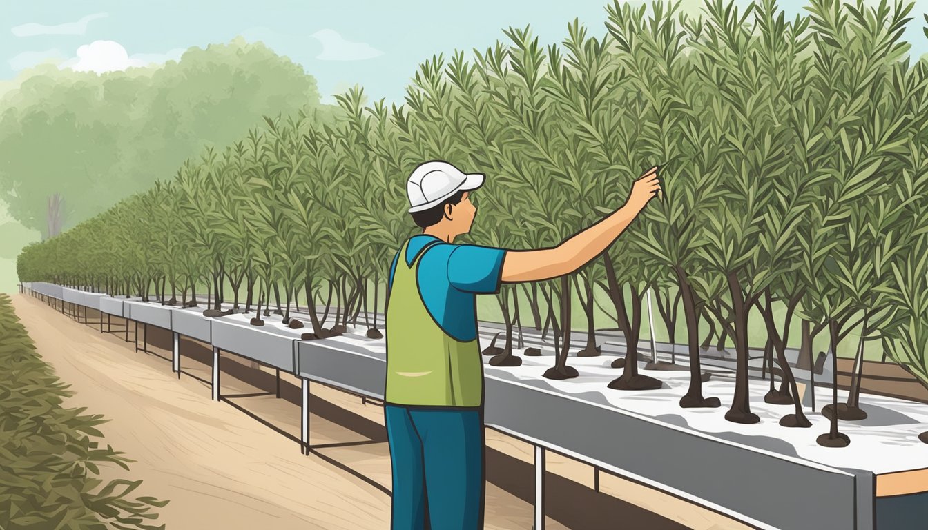 A customer carefully examines a row of olive trees at a plant nursery in Singapore, comparing their sizes and shapes before making a decision