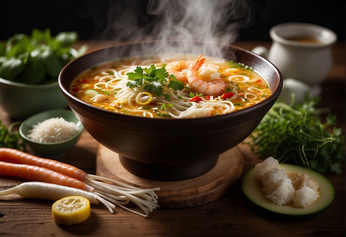 A steaming bowl of Chinese laksa sits on a wooden table, surrounded by vibrant ingredients like shrimp, tofu, and fresh herbs. Steam rises from the fragrant broth, creating an inviting scene