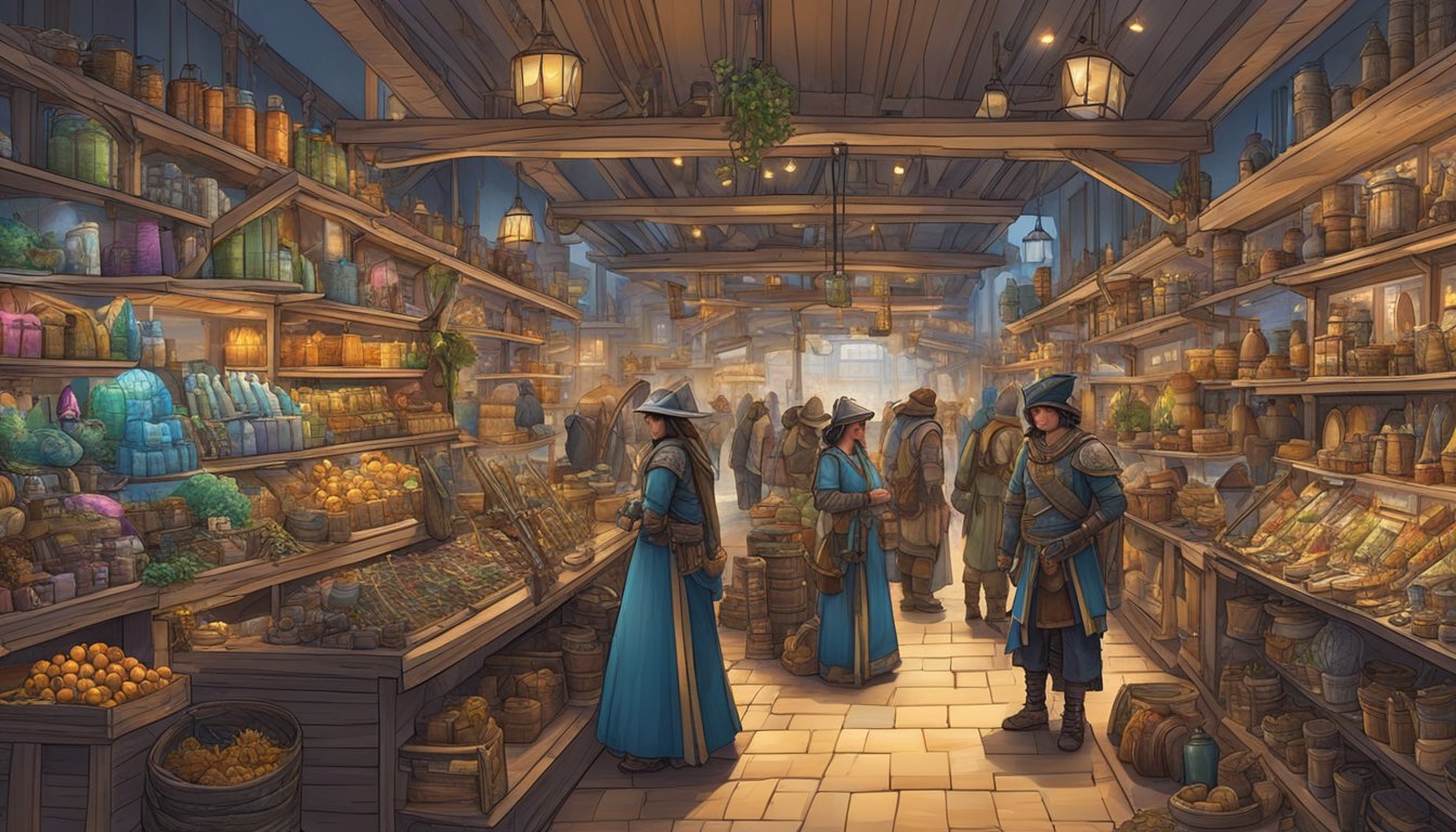 A vibrant marketplace with colorful displays of items like weapons, armor, and magical artifacts. Customers eagerly browse the shelves, while vendors showcase their best wares to entice potential buyers