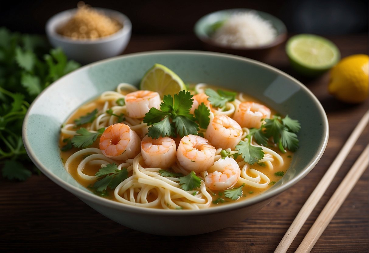 A table with fresh ingredients: coconut milk, tofu, shrimp, noodles, lemongrass, ginger, chili, and cilantro for Chinese laksa recipe