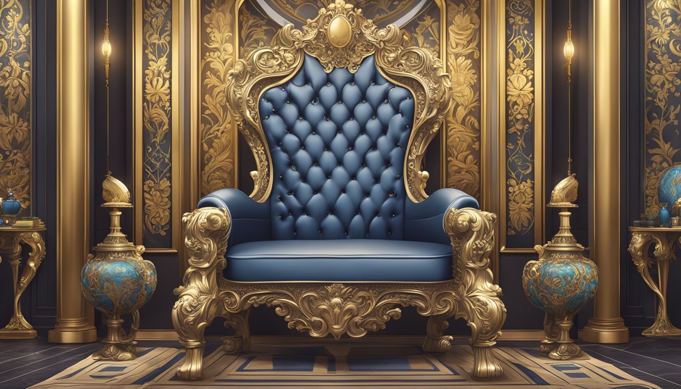 A regal throne surrounded by lavish furnishings and ornate decorations, with a display of valuable and desirable items available for purchase with crowns
