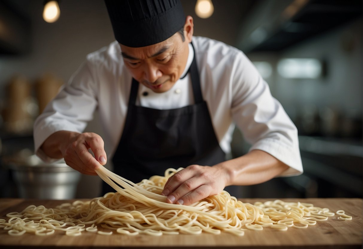 A chef expertly pulls and stretches dough to create Chinese la mian noodles. Ingredients and cooking tools are neatly arranged nearby