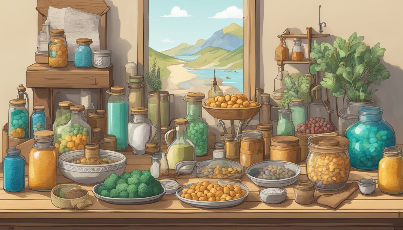 A table displaying various essential consumables and utilities, including potions, food, and crafting materials, with a prominent "best things to buy with crowns" sign