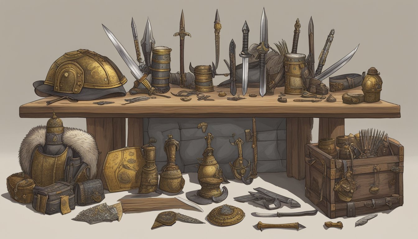 A table with various items like armor, weapons, and mounts, all labeled as "best things to buy with crowns." The items are neatly arranged with a sign indicating "Frequently Asked Questions."