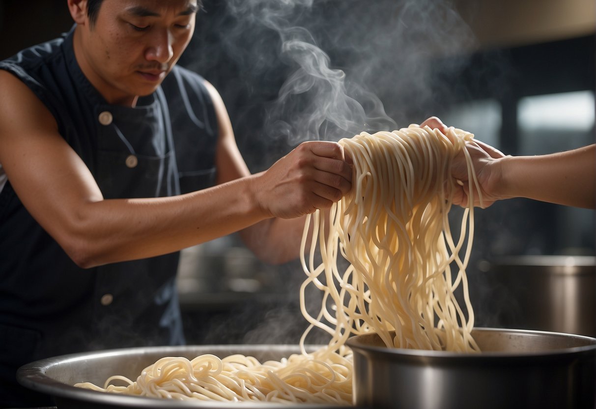 A chef skillfully stretches and folds dough to create traditional Chinese la mian noodles, with steam rising from a large pot of boiling water