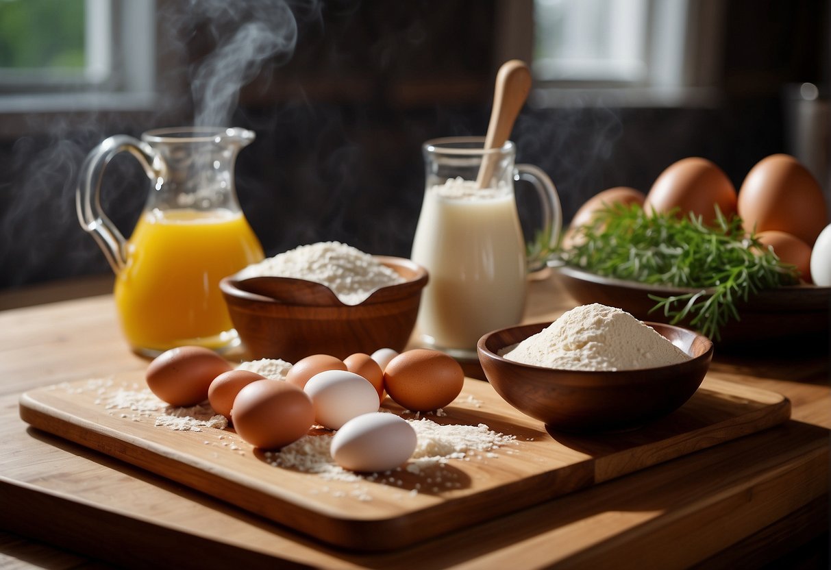 A wooden cutting board with flour, eggs, and a rolling pin. A bowl of water and a large pot for boiling noodles
