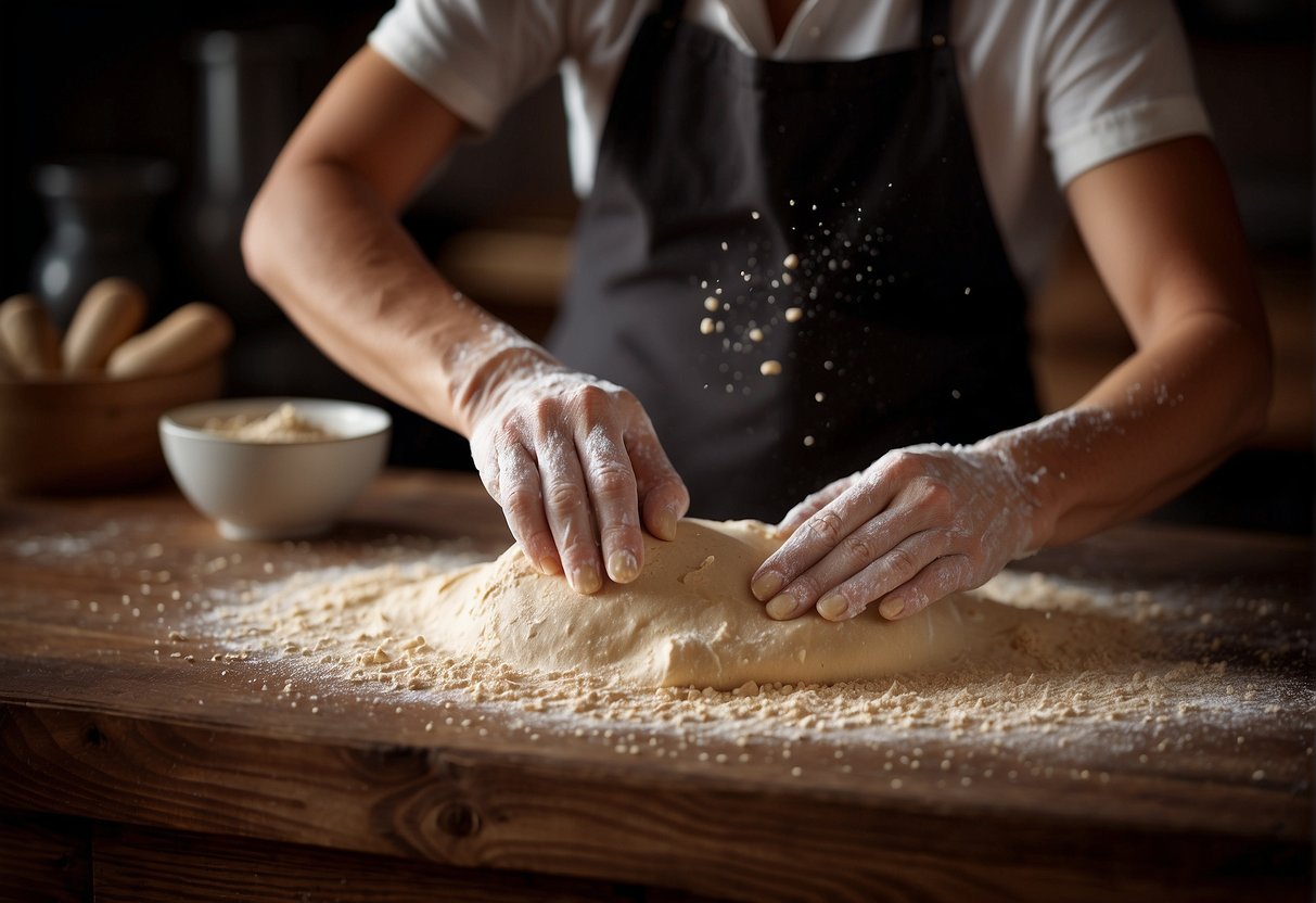 A pair of hands kneading dough on a wooden surface, flour scattered around, a rolling pin and a bowl of ingredients nearby