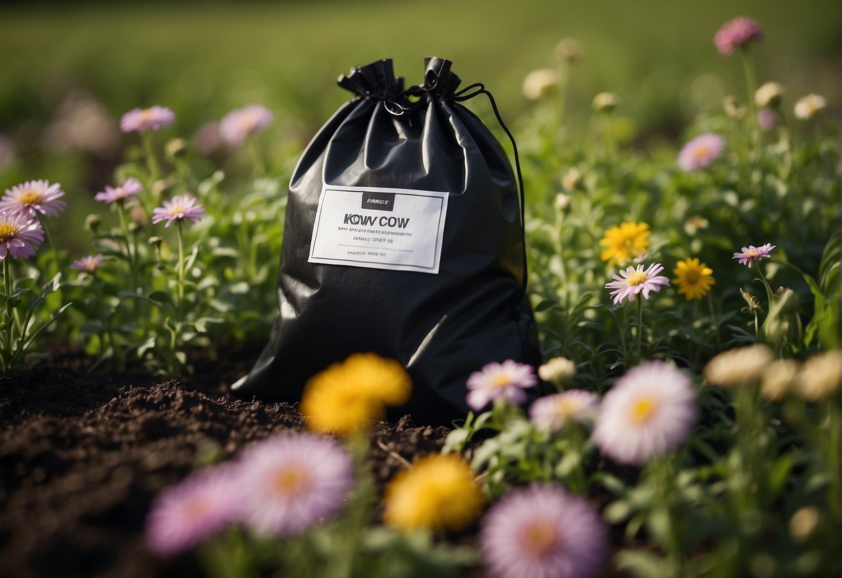 A bag of Black Kow manure sits on a grassy field, surrounded by blooming flowers and healthy plants