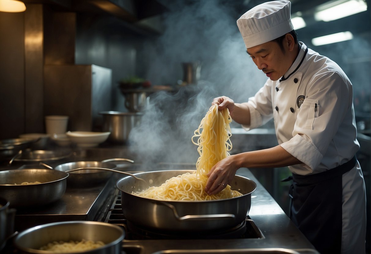 A chef pulls and stretches fresh noodles in a bustling Chinese kitchen. Steam rises from the boiling water as the noodles are expertly prepared