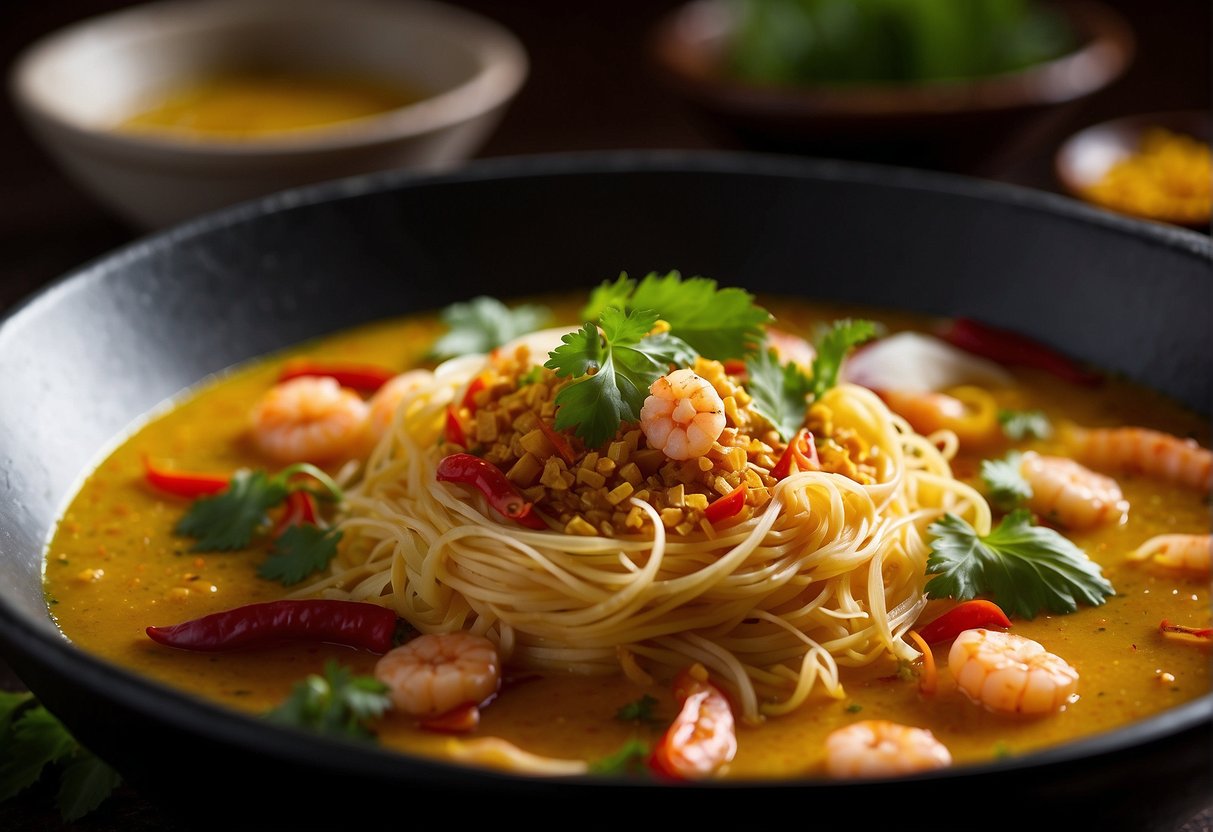 A mortar and pestle grind together dried chilies, shallots, garlic, lemongrass, turmeric, and shrimp paste to create the fragrant laksa paste