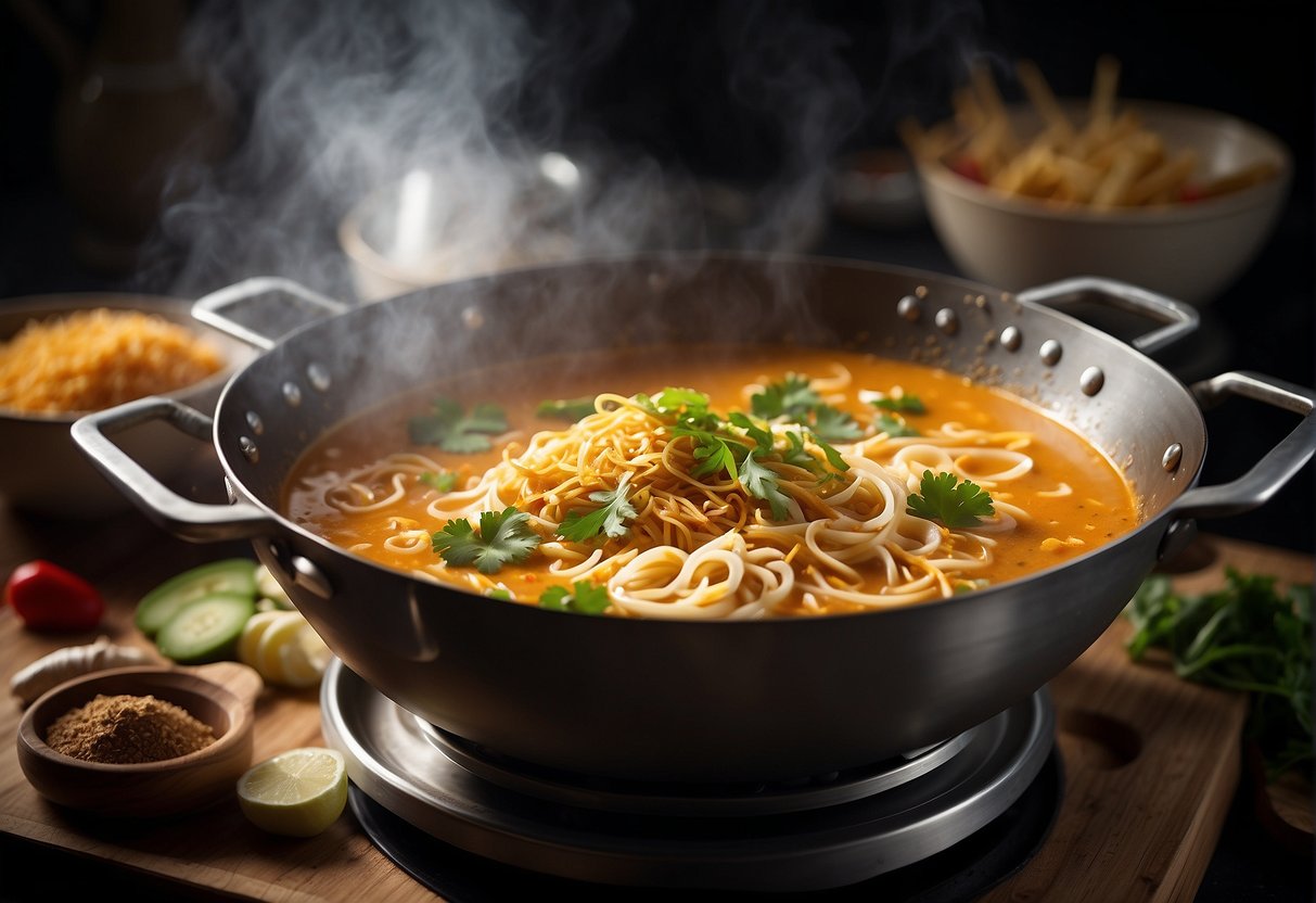 A wok sizzles with coconut milk, spices, and noodles for Chinese laksa. Ingredients surround the bubbling pot