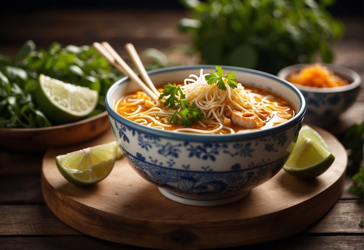 A steaming bowl of Chinese laksa sits on a wooden table, surrounded by fresh herbs, lime wedges, and a pair of chopsticks