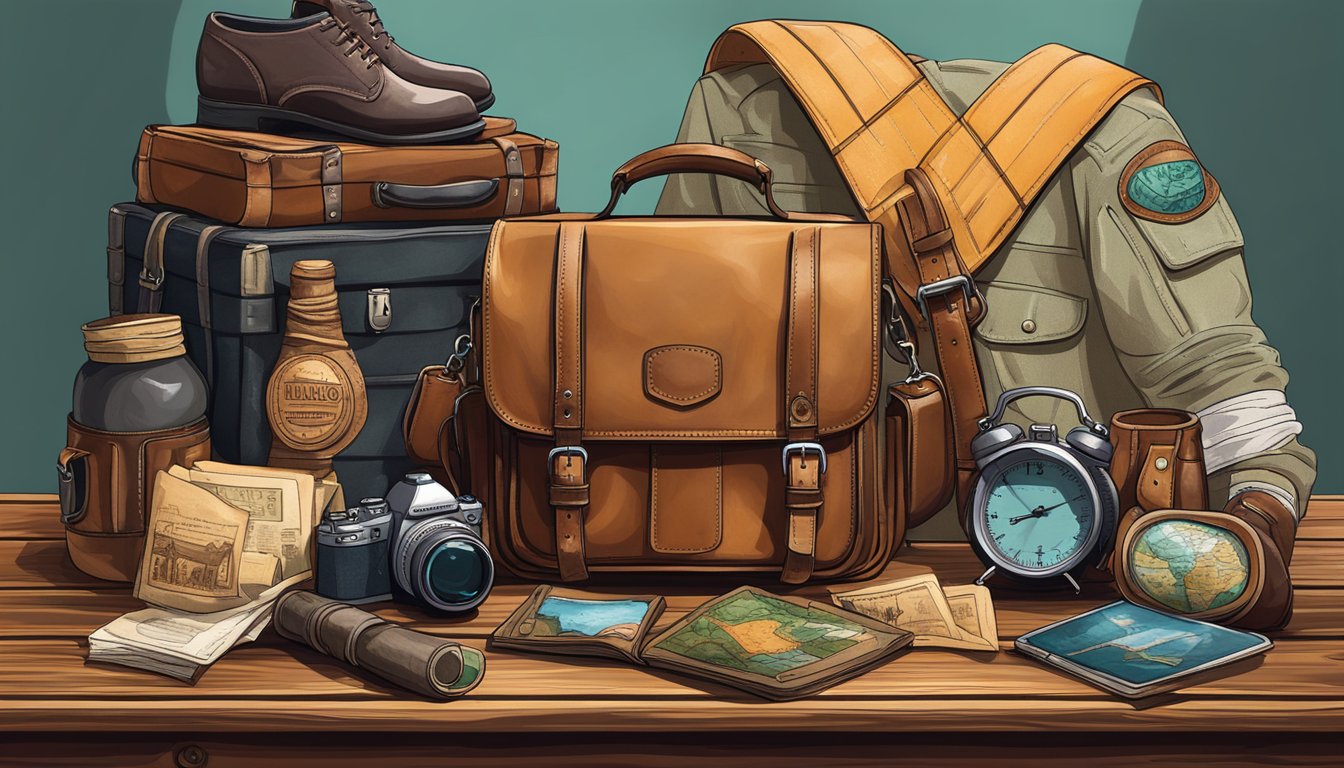 A vintage leather messenger bag sits atop a rustic wooden table, surrounded by travel souvenirs and adventure gear