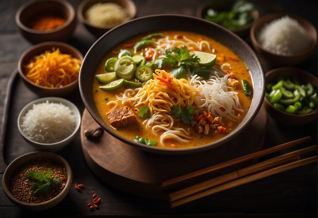 A steaming bowl of Chinese laksa sits on a table, surrounded by traditional Chinese spices and ingredients. A pair of chopsticks rests on the side, ready to be used