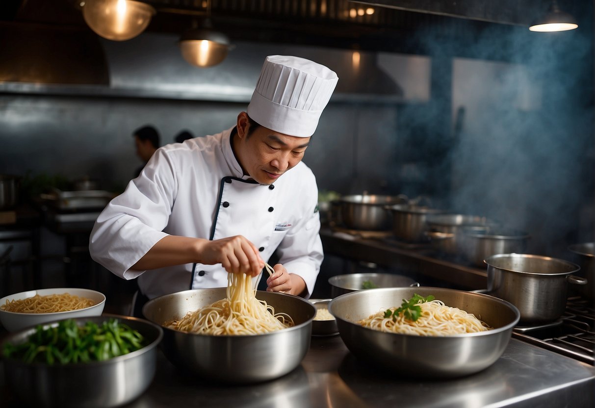 A chef prepares and serves Chinese la mian noodles in a bustling kitchen. Ingredients, cooking utensils, and steaming bowls of noodles are visible