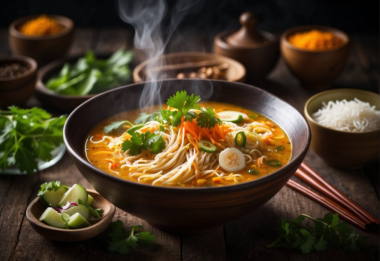 A steaming bowl of Chinese laksa sits on a rustic wooden table, surrounded by aromatic spices and fresh herbs. A pair of chopsticks rests beside the bowl, ready to be used