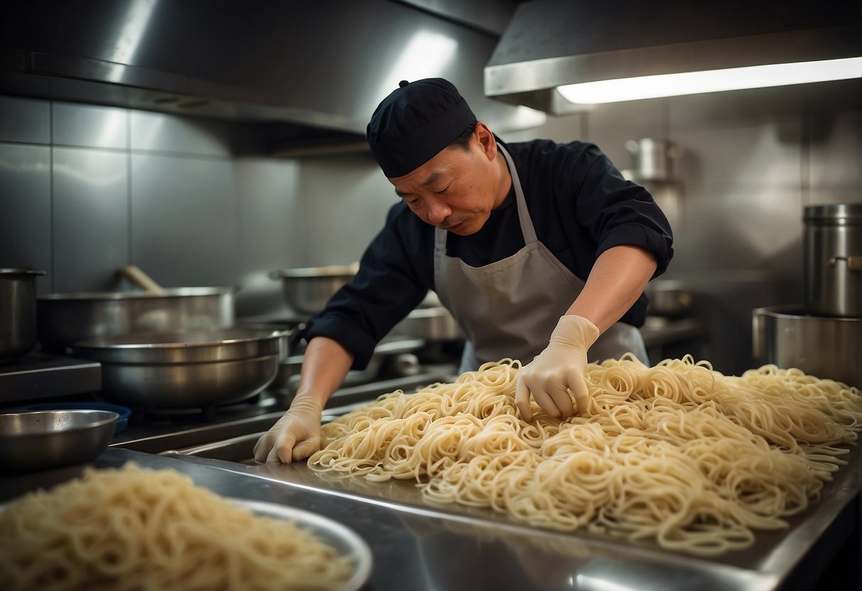 A chef expertly pulls and stretches dough to make Chinese la mian noodles in a bustling kitchen