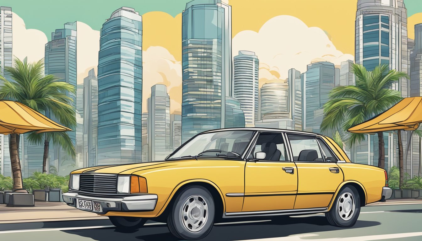 A foreigner purchases a car in Singapore, surrounded by high-rise buildings and palm trees