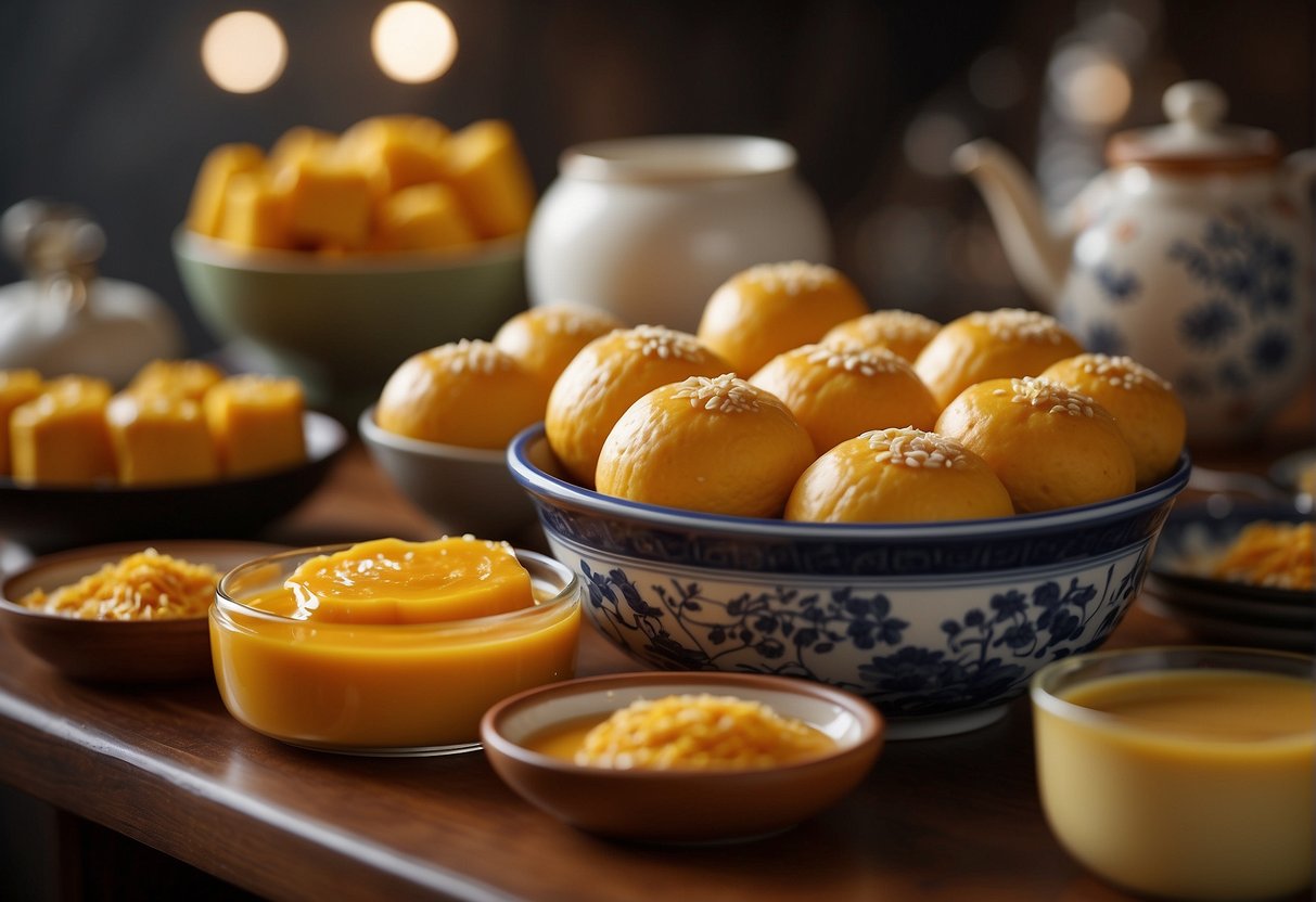 A table filled with various Chinese pumpkin desserts, including pumpkin cakes, custards, and pastries. A steaming pot of pumpkin soup sits in the background