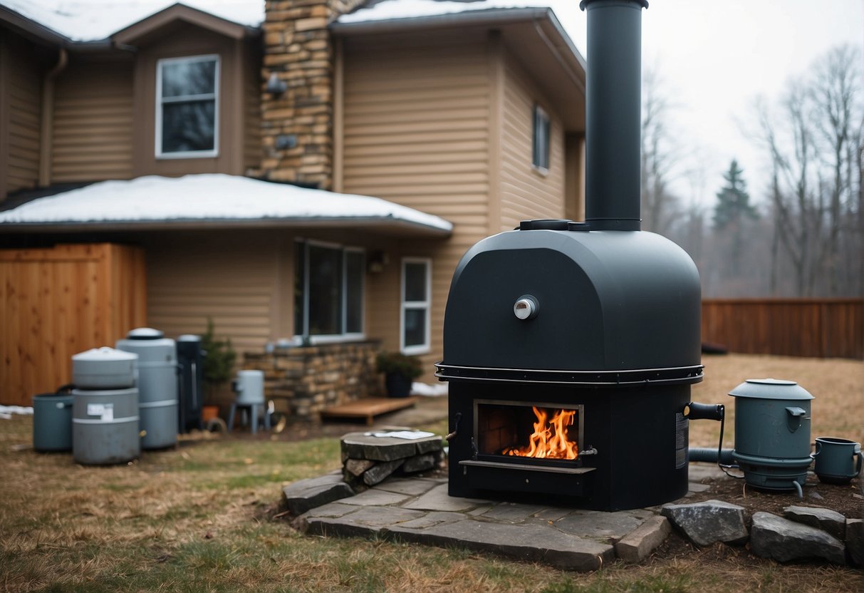 An outdoor wood furnace sits outside a home, connected to the heating system. Wood is loaded into the furnace, where it burns to heat water. The hot water is then circulated through the home to provide warmth