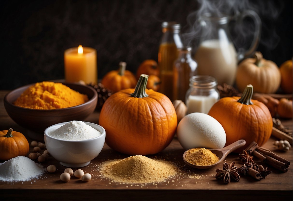 A table with pumpkins, sugar, flour, eggs, and spices. A list of substitute ingredients for Chinese pumpkin dessert recipes