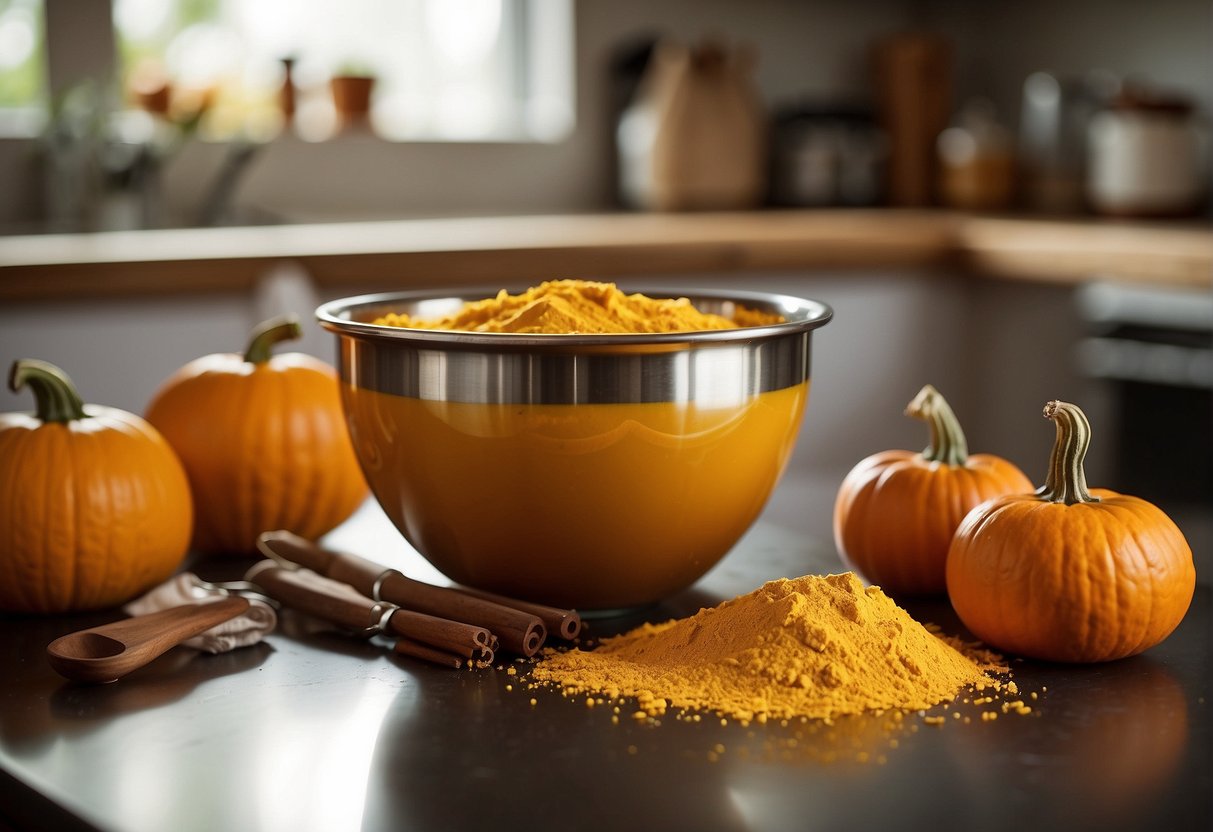 A mixing bowl filled with pumpkin puree, sugar, and spices sits on a kitchen counter. A whisk and measuring cups are scattered nearby