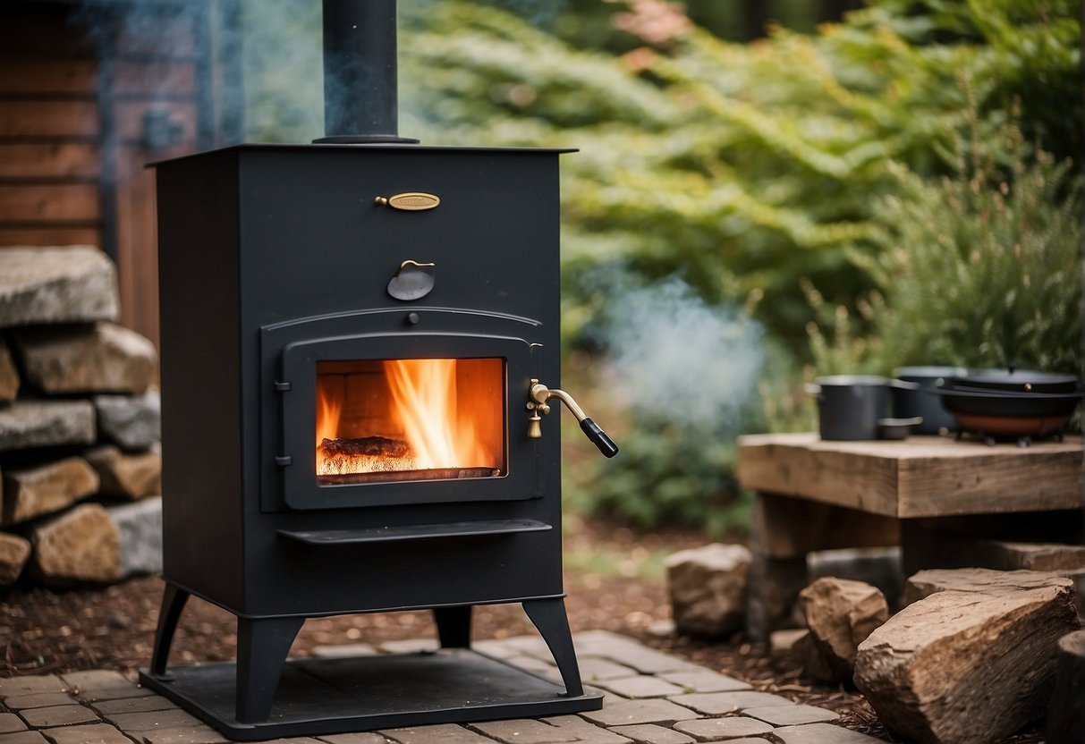 An outdoor wood furnace sits in a backyard, surrounded by a clear area to prevent fires. Smoke rises from the chimney as the furnace efficiently burns wood to heat the surrounding area