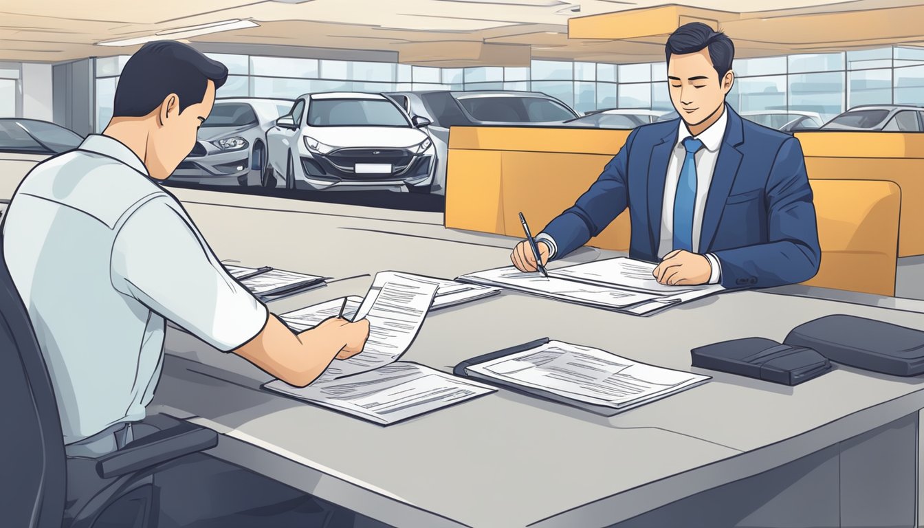A foreigner completes paperwork at a car dealership in Singapore, receiving keys and registration documents