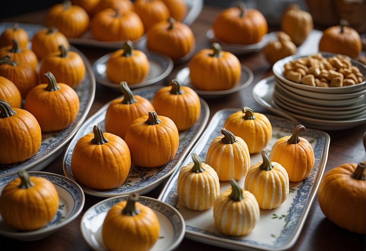 Pumpkin desserts arranged on a table with Chinese-inspired serving dishes and storage containers nearby