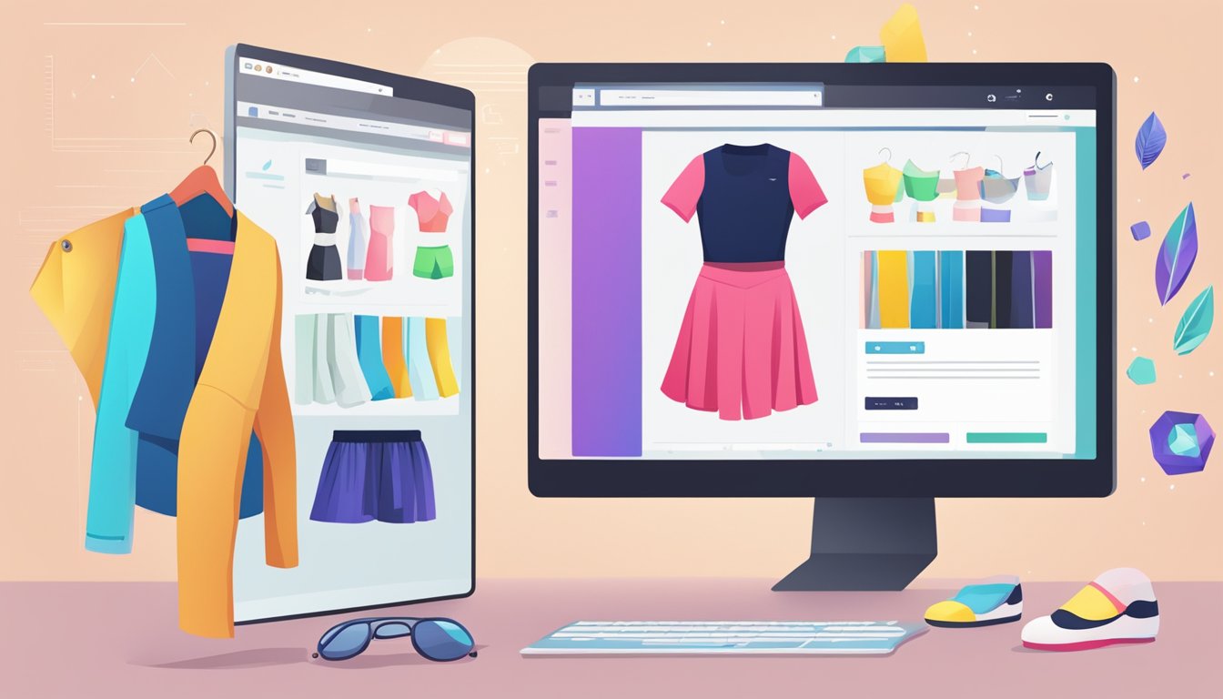 A computer screen displaying a website with various dancewear items. A cursor hovers over a "Buy Now" button