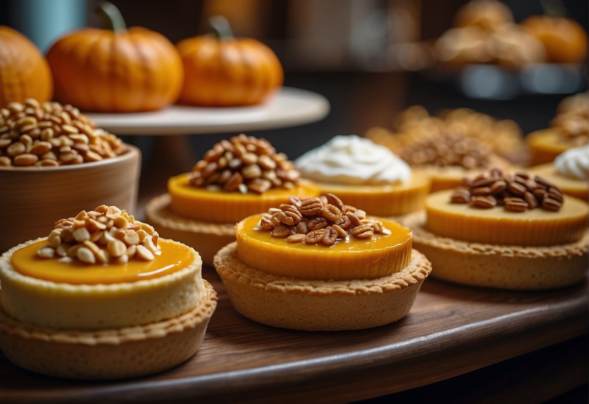 A table displays various homemade pumpkin desserts: pies, tarts, and cakes. Chinese and traditional recipes are laid out, featuring different shapes and toppings