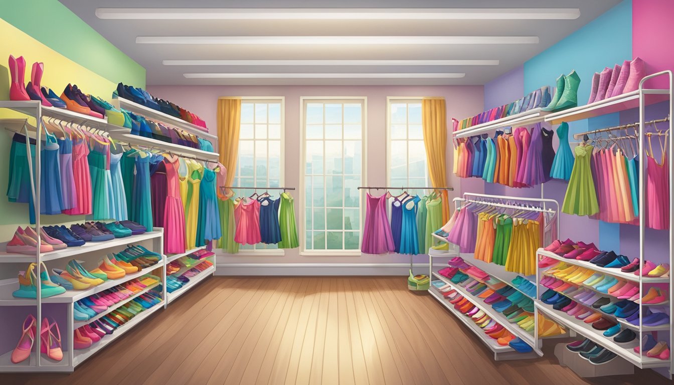 A colorful array of dancewear items displayed on racks and shelves, including leotards, tights, skirts, and shoes, with a variety of styles and sizes to choose from