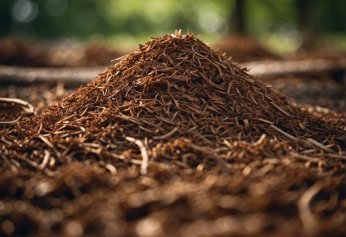 A pile of cedar mulch sits on the ground, emitting a faint earthy scent. The rich, reddish-brown color of the mulch contrasts with the greenery around it